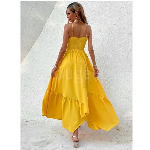 Shirred Cami Yellow Flared Maxi Long Dress Asymmetrical Hem - Picture 2 of 14